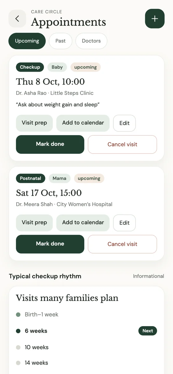 Appointments screen with upcoming checkups